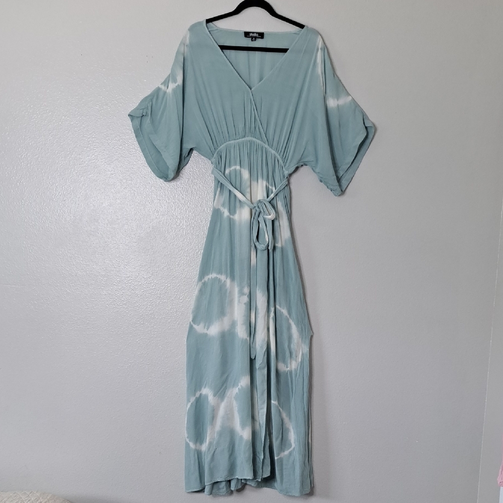 Lulus Womens Tie-Dye Dusty Sage  Kimono Slv Wrap Maxi Dress Pullover Oversized S - Picture 2 of 15